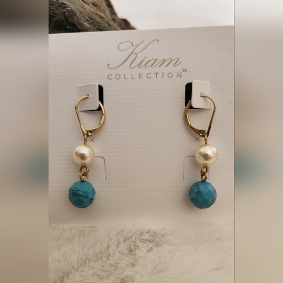 NWT Lia Sophia BRIO "Kiam Collection" Turquoise and Faux Pearl Earrings - Picture 2 of 2